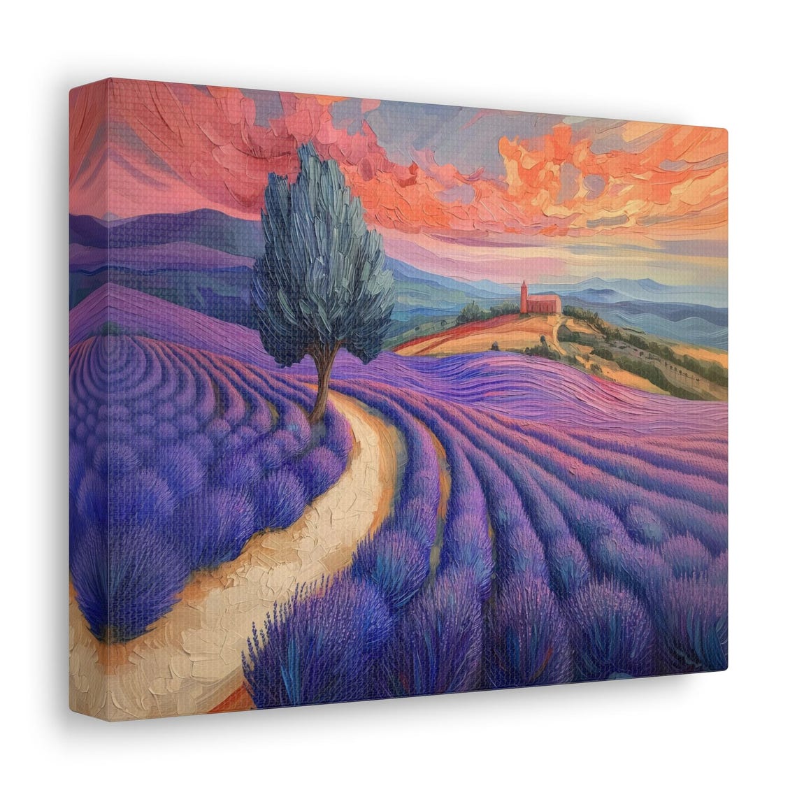 Lavender Rows Curving Around a Lone Tree Under a Rosy Sunset Poster - Image 2