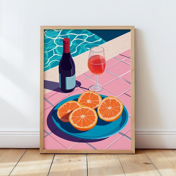 Summer Poolside Poster Citrus Art Print Retro Minimalist Kitchen Decor Wine Fruit Wall