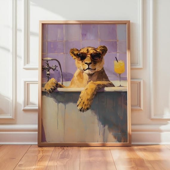 Funny Lioness Wall Art Bathtub Print Female Lion Poster Arts Cocktail Artwork Oilpaint Style Printout