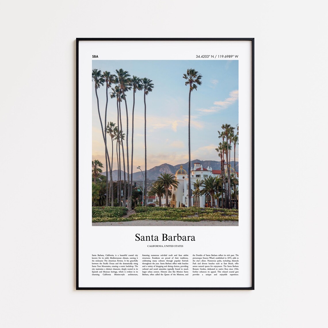 Santa Barbara California Palm Trees Mission Travel Photography Poster