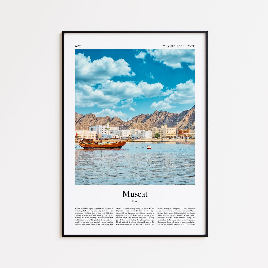 Muscat Oman Harbor Traditional Dhow Boat Mountains Photo Poster