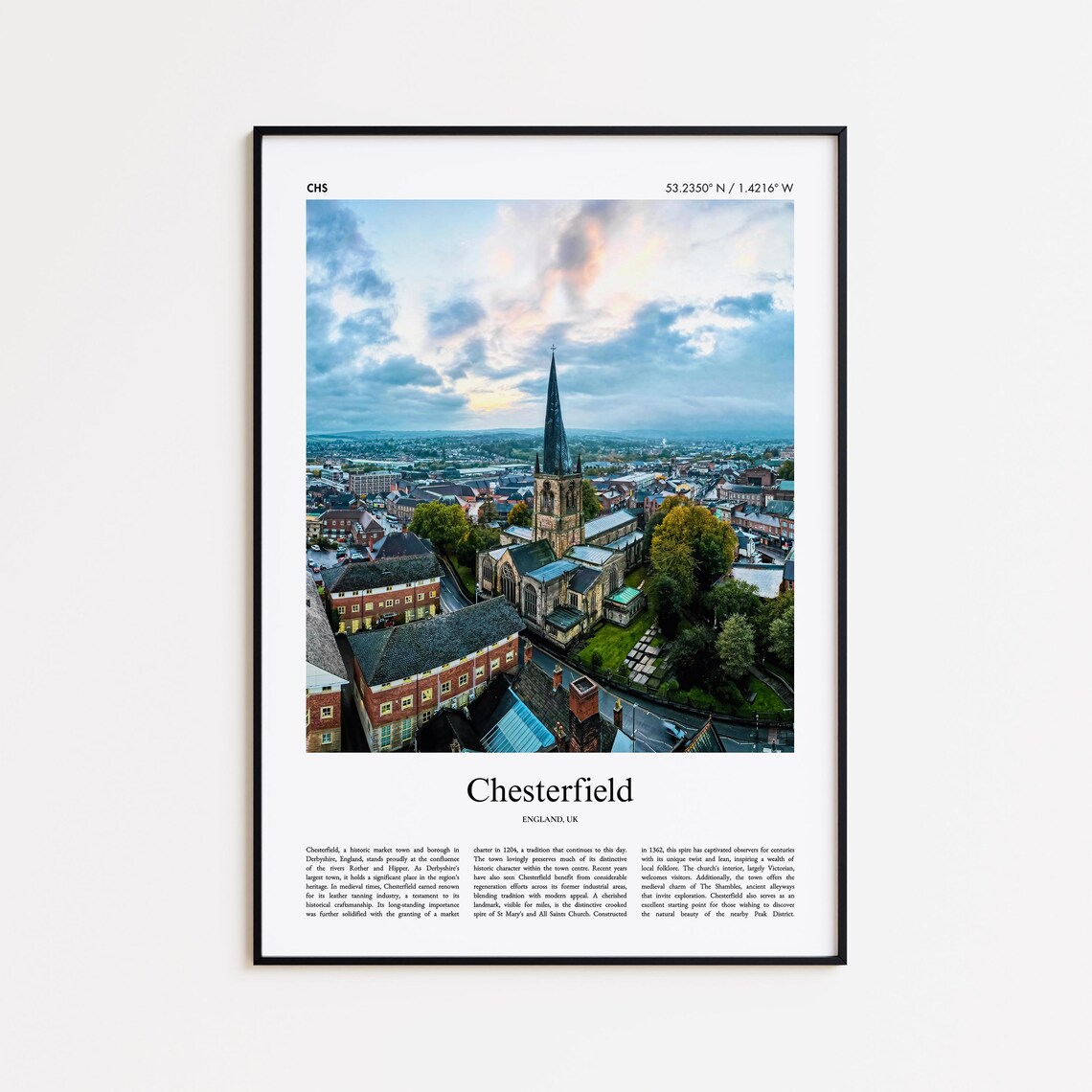 Chesterfield England Crooked Spire Church Town Aerial Poster