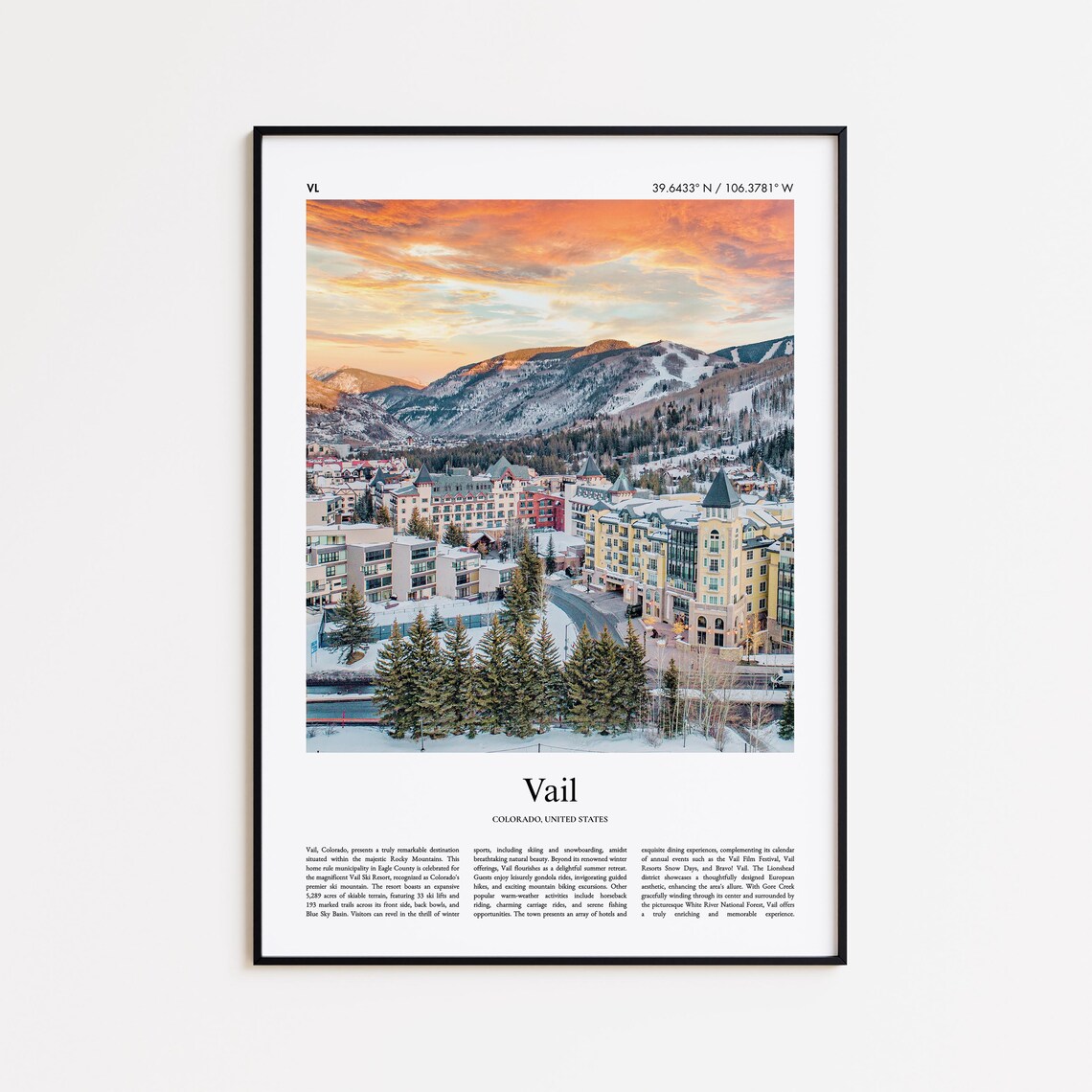 Vail Colorado Ski Resort Mountain Village Sunset Travel Poster