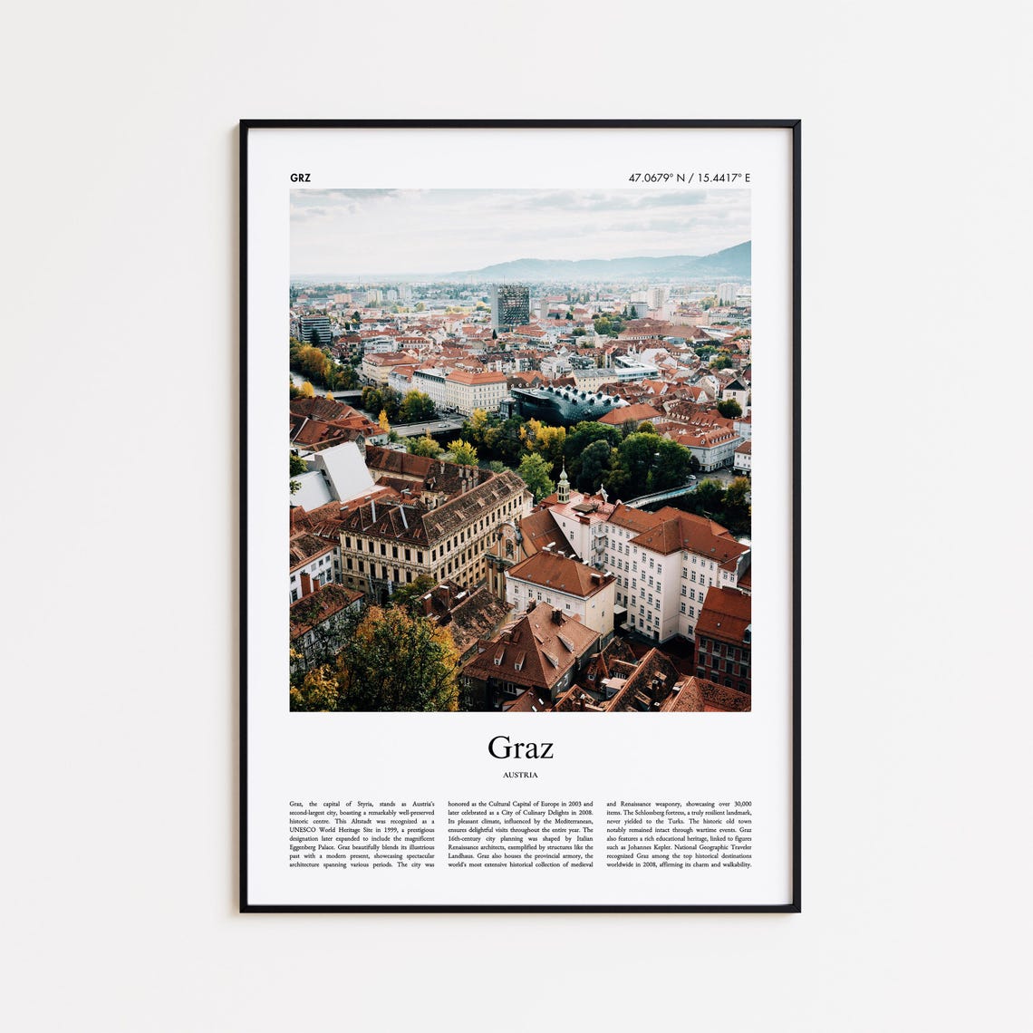 Graz Austria Aerial Red Rooftops Old Town City Panorama Travel Poster