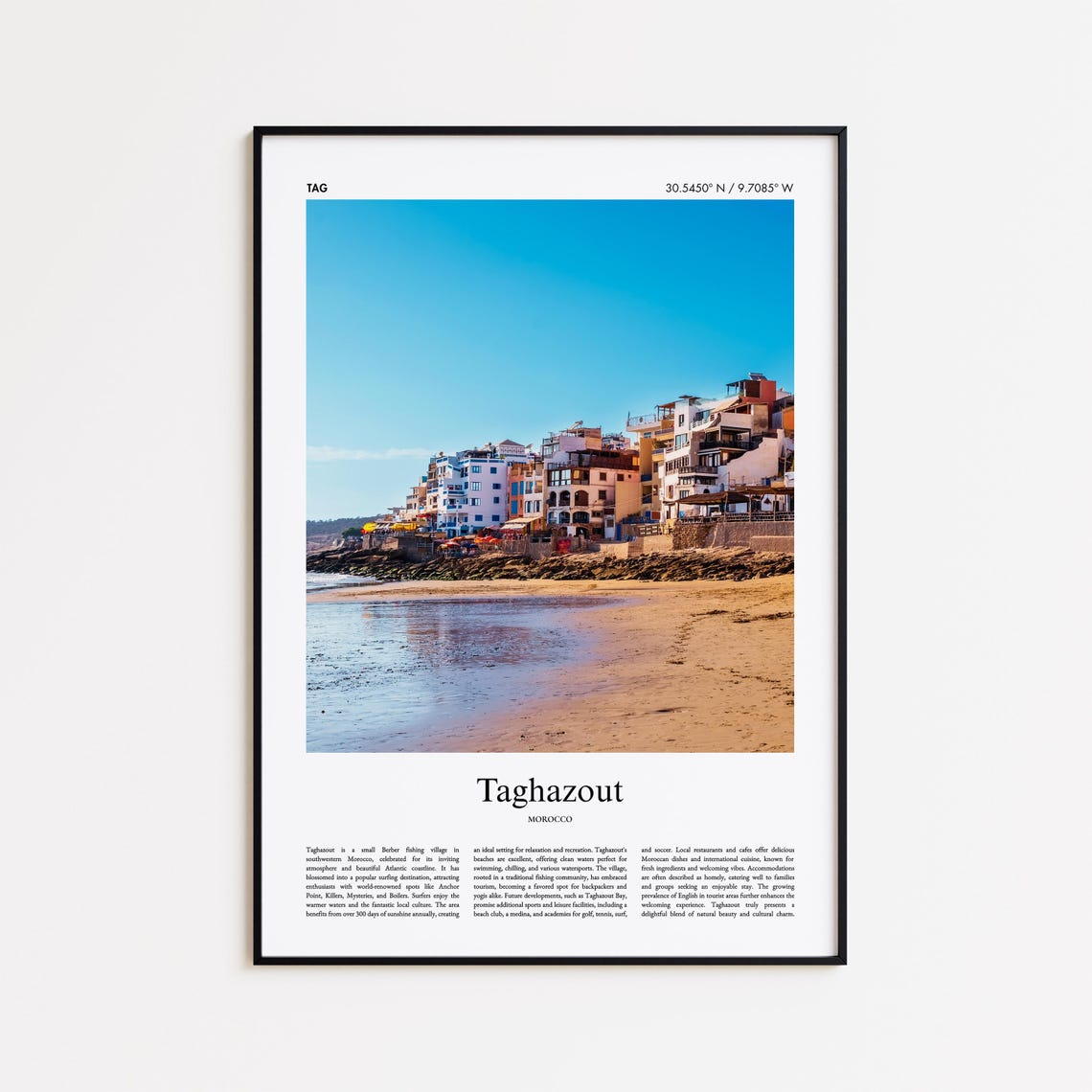 Taghazout Surf Beach Whitewashed Cliffs Morocco Coastal Travel Poster