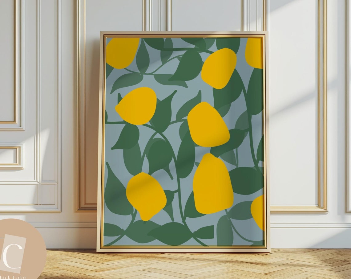 Yellow Lemon Pattern Blue Green Botanical Kitchen Decor Poster