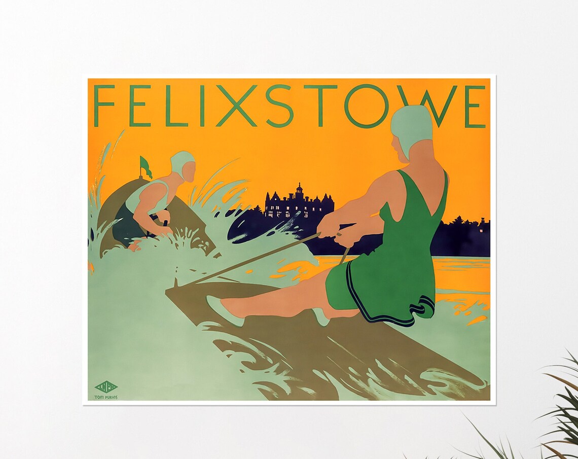 Felixstowe England Water Skiing Sunset Pair Tom Purvis Railway Poster - Image 4