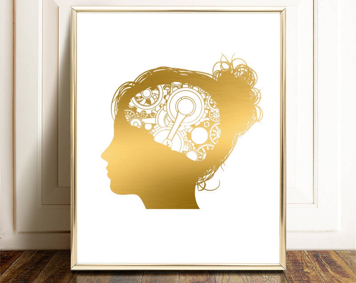 Psychology Gold Foil Mind Gears Head Therapist Office Wall Art