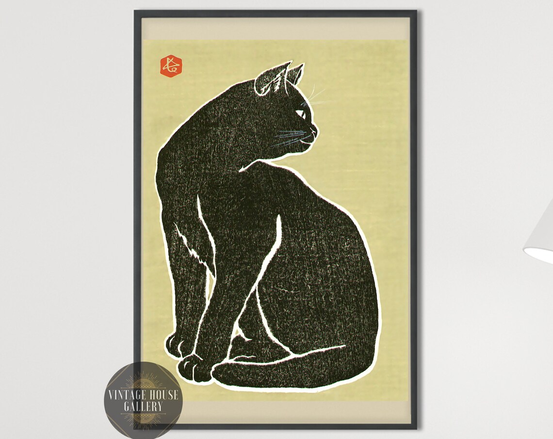 Sitting Black Cat Bold Ink Japanese Woodblock Style Wall Art