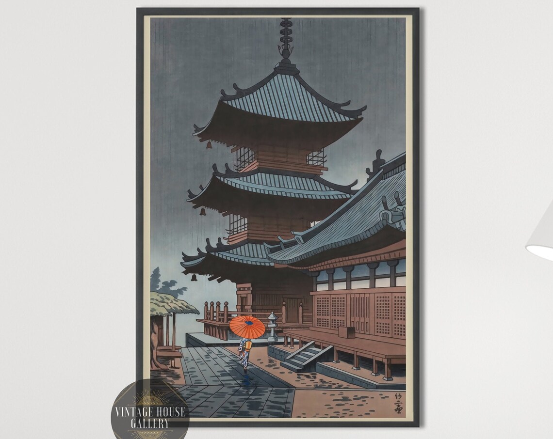 Asano Takeji Pagoda In The Rain Red Umbrella Japanese Poster