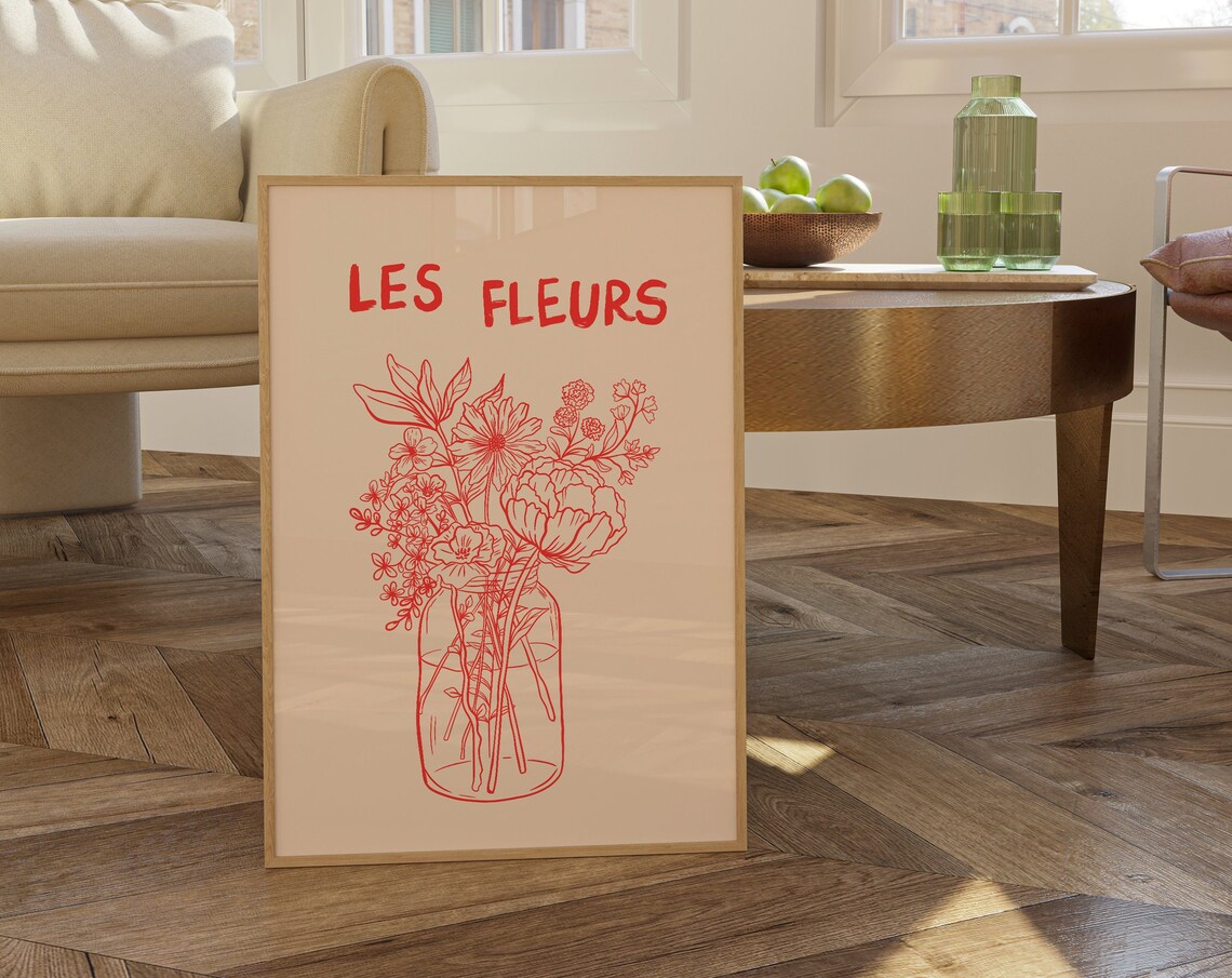 Les Fleurs Red Wildflower Bouquet in Mason Jar Line Art Poster - Image 5
