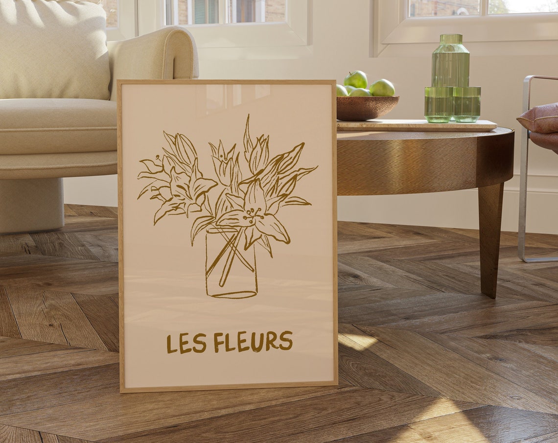 Les Fleurs Gold Lily Bouquet Sketch in Glass Vase Trendy Poster