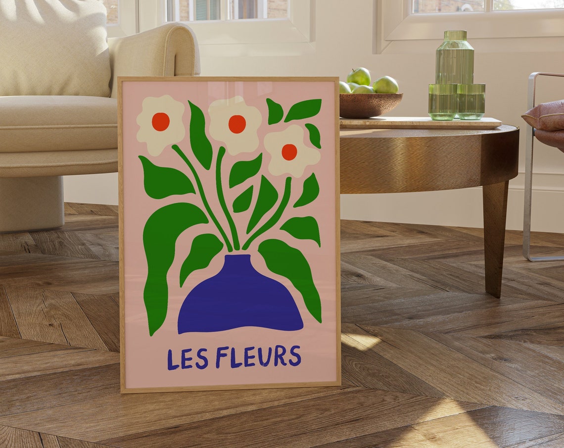 Les Fleurs Bold Modern Floral Bouquet in Blue Vase Pink Print - Image 5