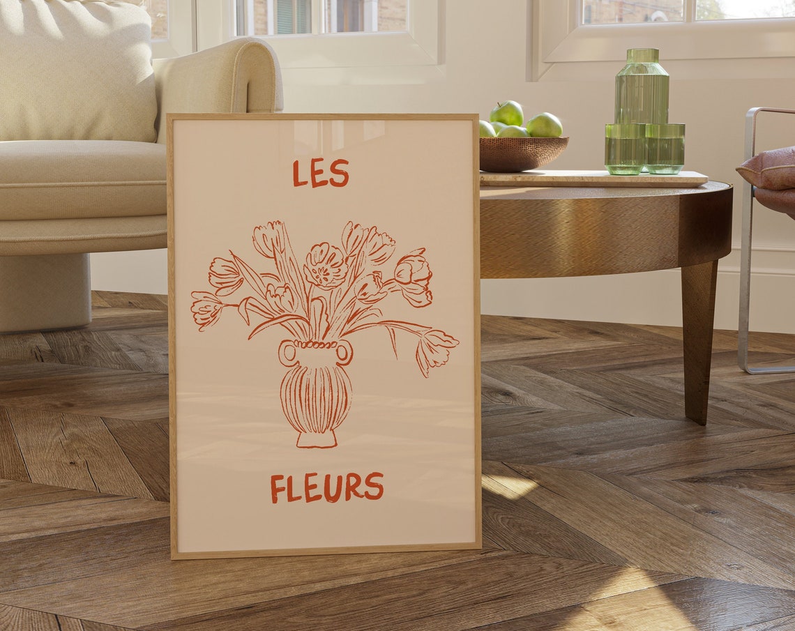 Les Fleurs Red Tulip Bouquet in Classic Ribbed Urn Line Art Poster