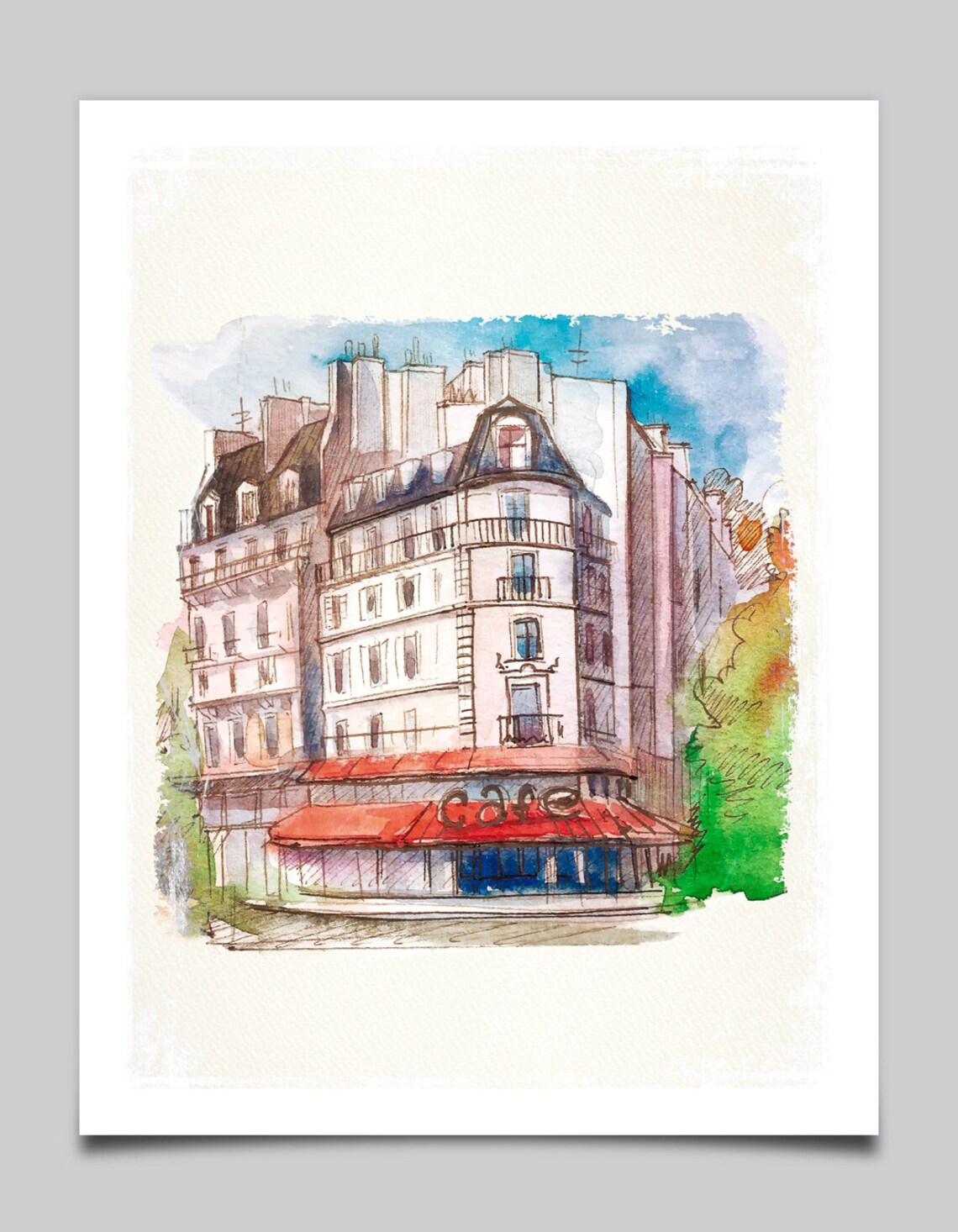 Paris Cafe Watercolor Corner Bistro Red Awning French Art Poster