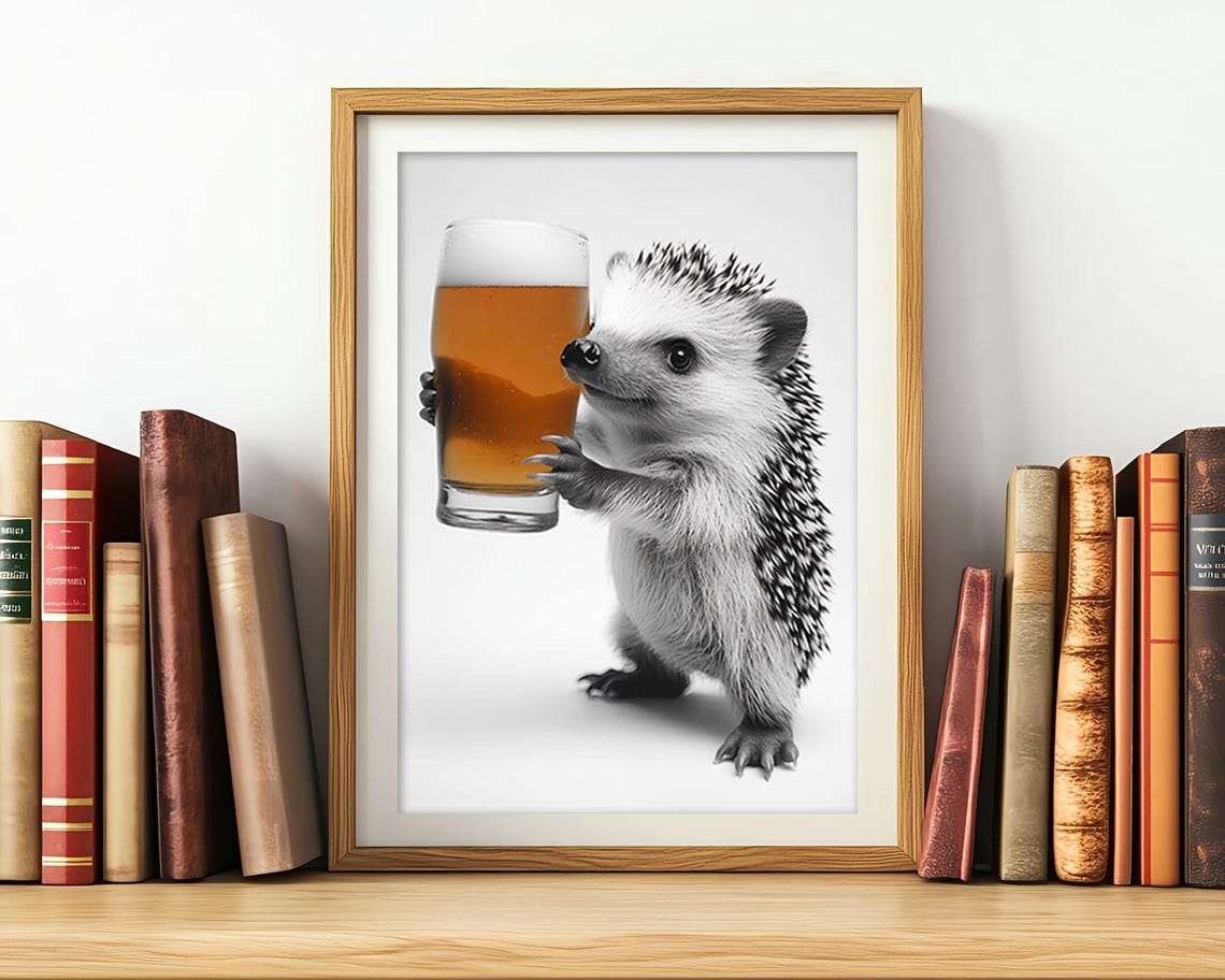 Hedgehog Drinking Beer Funny Animal Bar Decor Black And White Poster - Image 2