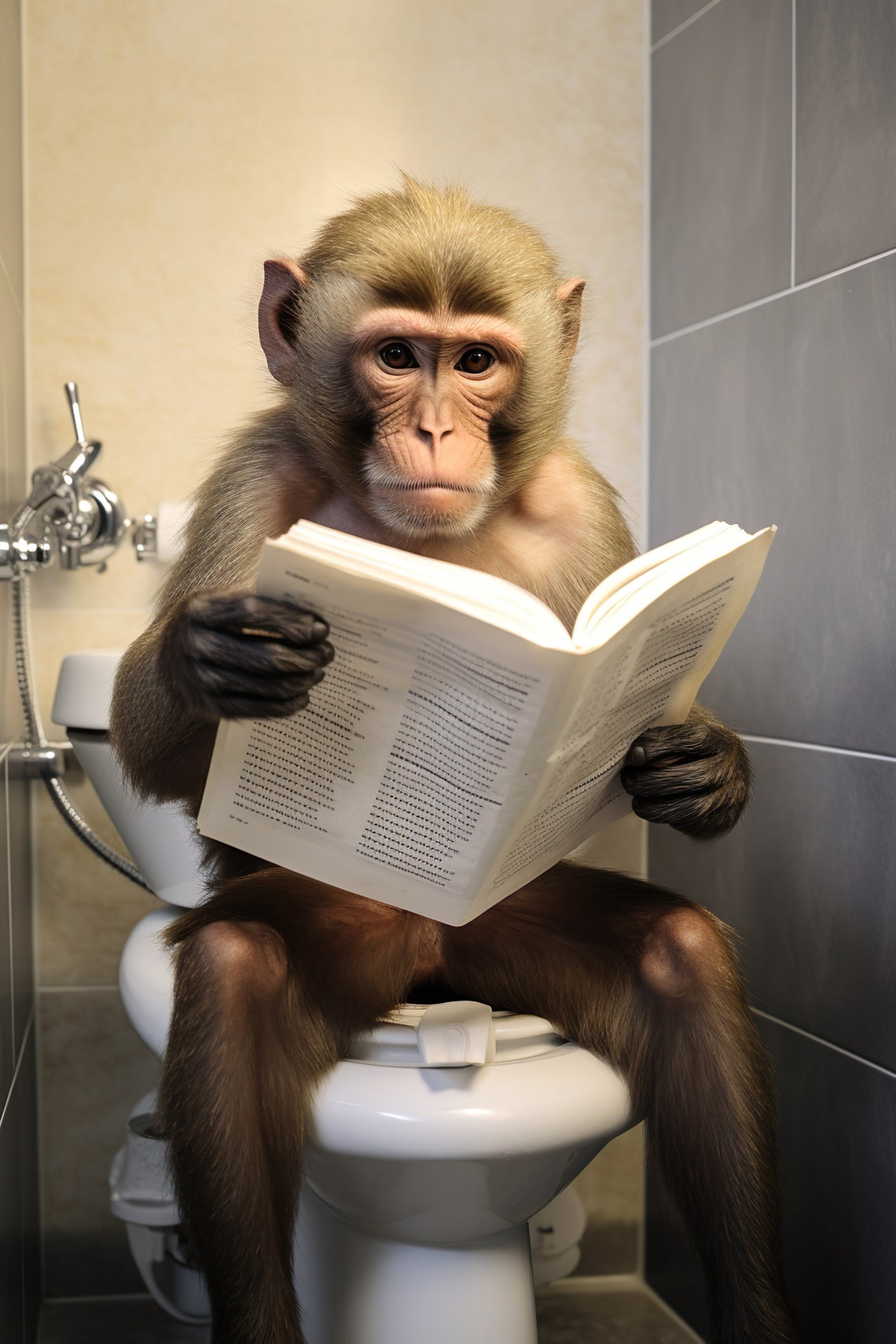 Capuchin Monkey Reading Newspaper on Toilet Funny Bathroom Print
