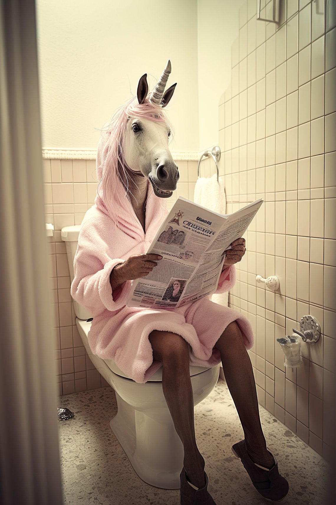 Unicorn in Pink Bathrobe Reading Newspaper on Toilet Funny Poster