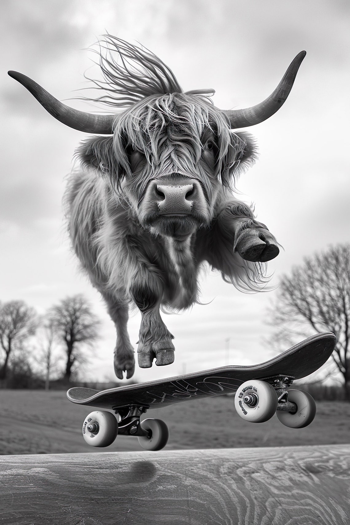 Highland Cow Skateboarding Funny Animal Wall Art Cow On Skateboard Funny Cow Photo Print Animal Photography Home Ai Art