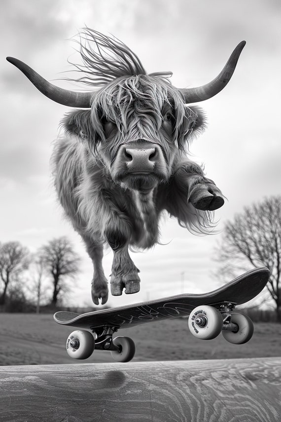 Highland Cow Skateboarding Funny Animal Wall Art Cow On Skateboard Funny Cow Photo Print Animal Photography Home Ai Art