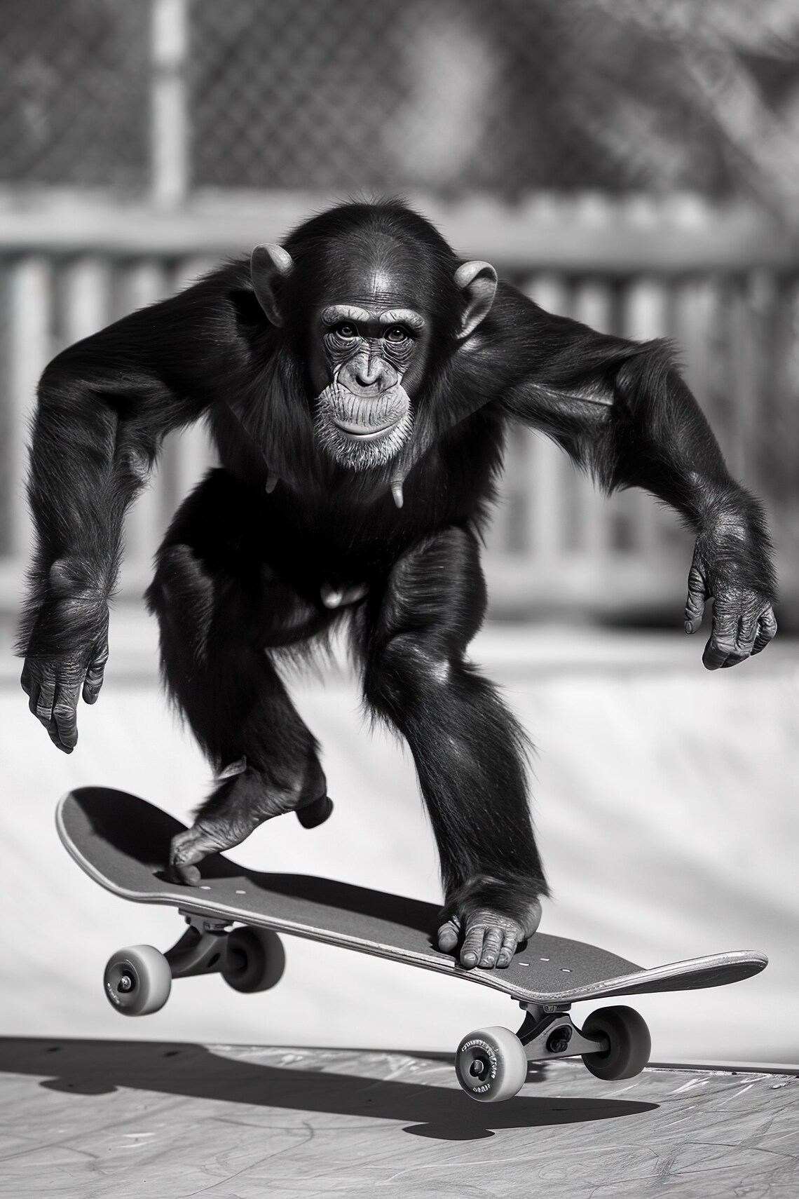 Funny Chimpanzee Riding Skateboard Black And White Photo Print