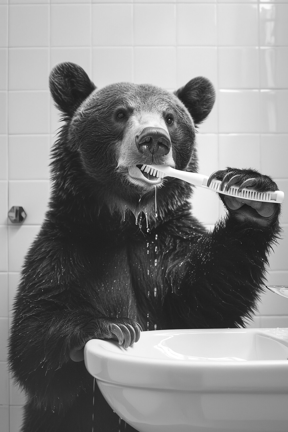 Funny Bathroom Bear Brushing Teeth Vintage Art Print