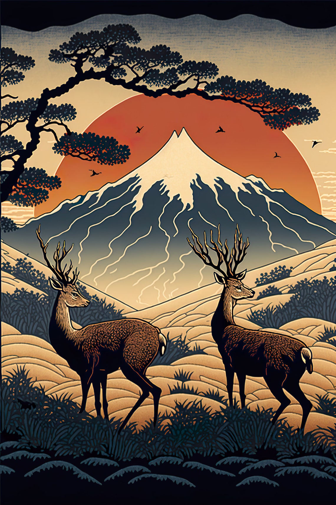 Sika Deer Stags Snow Mountain Sunset Ukiyo E Japan Art Poster