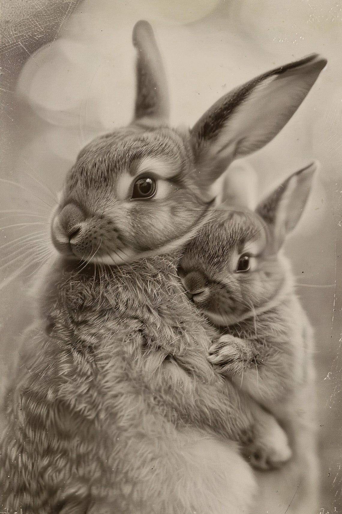 Mother Rabbit and Bunny Cuddle Black and White Nursery Poster