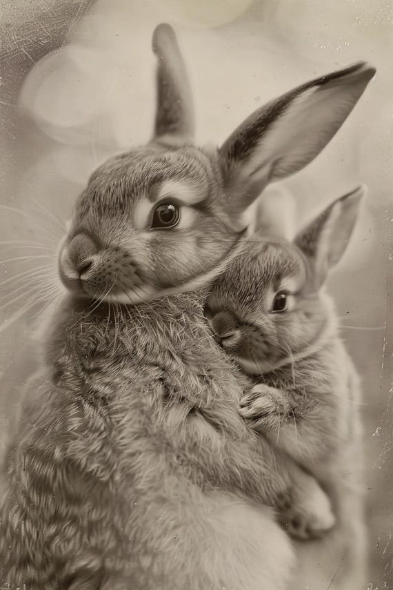 Mom Baby Bunny Cute Animal Family Wall Art Nursery Room Bedroom Prints Cute Vintage Style Animal Photo Mommy And Me Ai Art