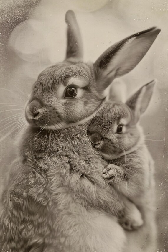 Mother Rabbit and Bunny Cuddle Black and White Nursery Poster