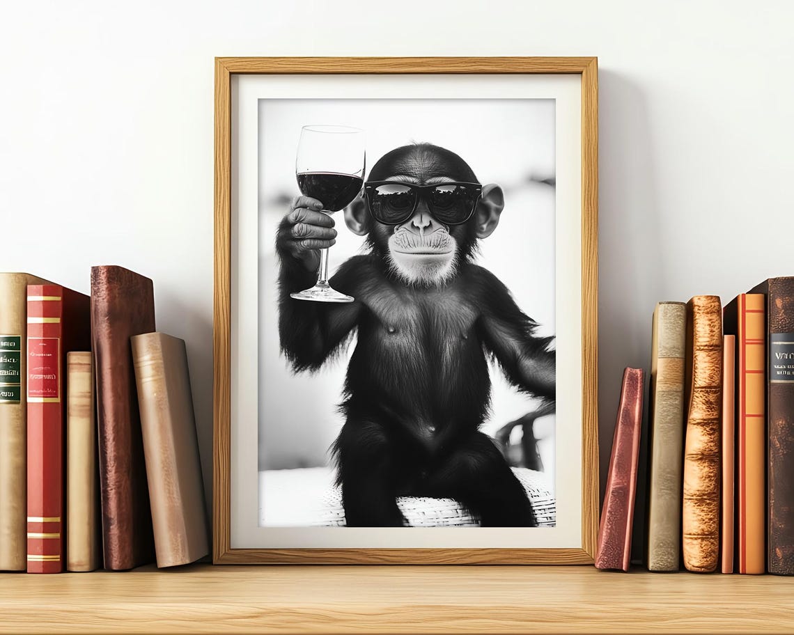 Monkey With Sunglasses Holding Red Wine Glass Funny Kitchen Poster - Image 3