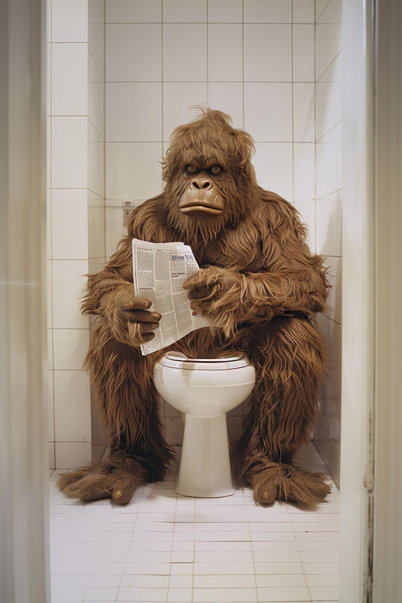 Sasquatch Sitting On The Toilet Reading A Newspaper Funny Bigfoot Print Funny Bathroom Mythical Creature Wall Art Ai Art