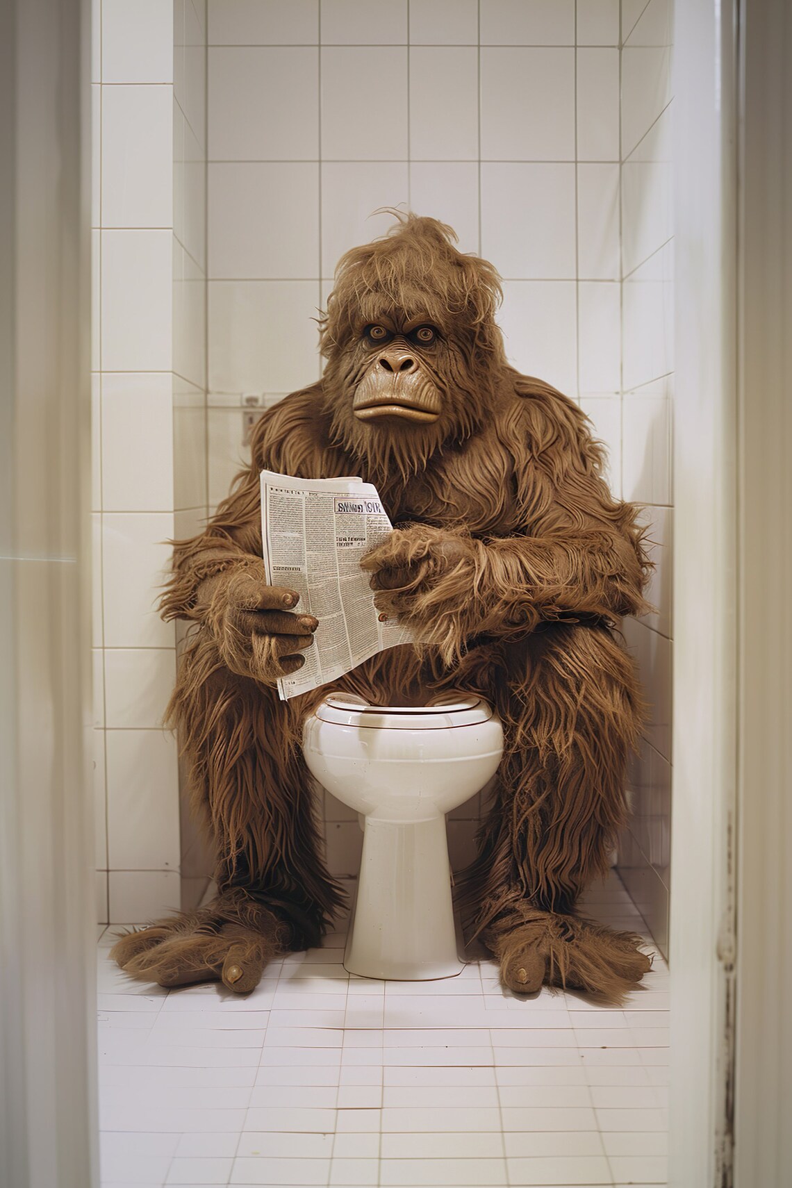 Sasquatch Sitting on Toilet Reading Newspaper Funny Animal Poster