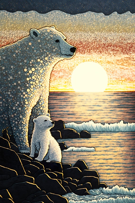 Polar Bear Mama And Baby Cub Pointillism Animal Art Arctic Landscape Polar Bear Print Beautiful Home Wall Decor Ai Created