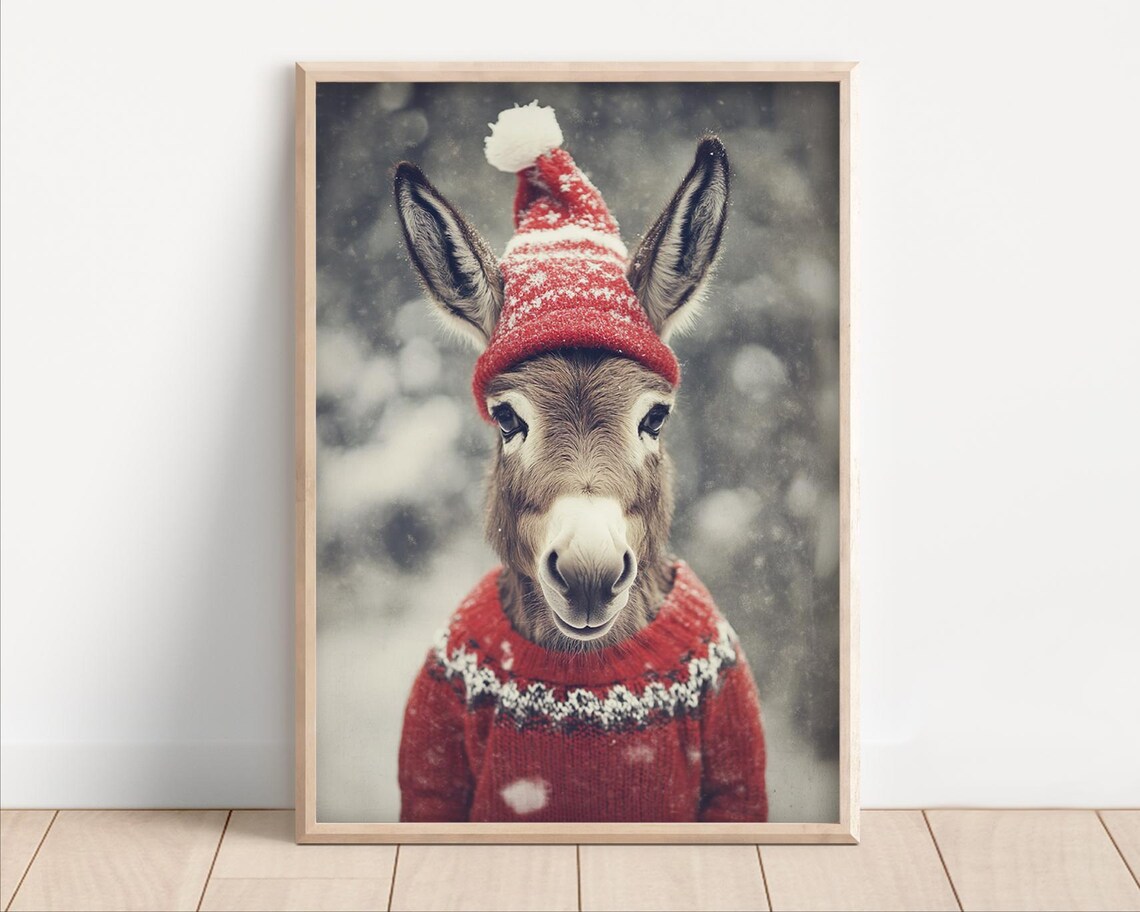 Cute Christmas Donkey Retro Winter Animal Art Print