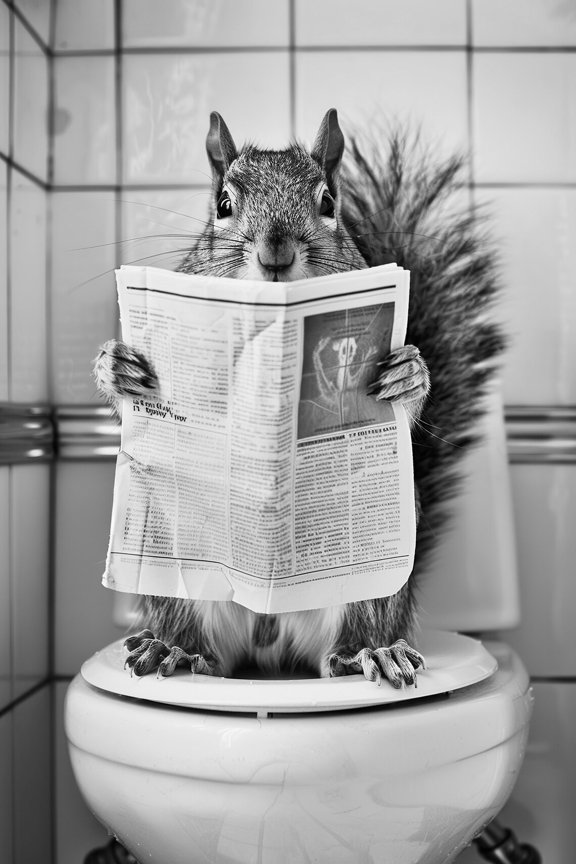 Vintage Squirrel Bathroom Reading Newspaper Art Print
