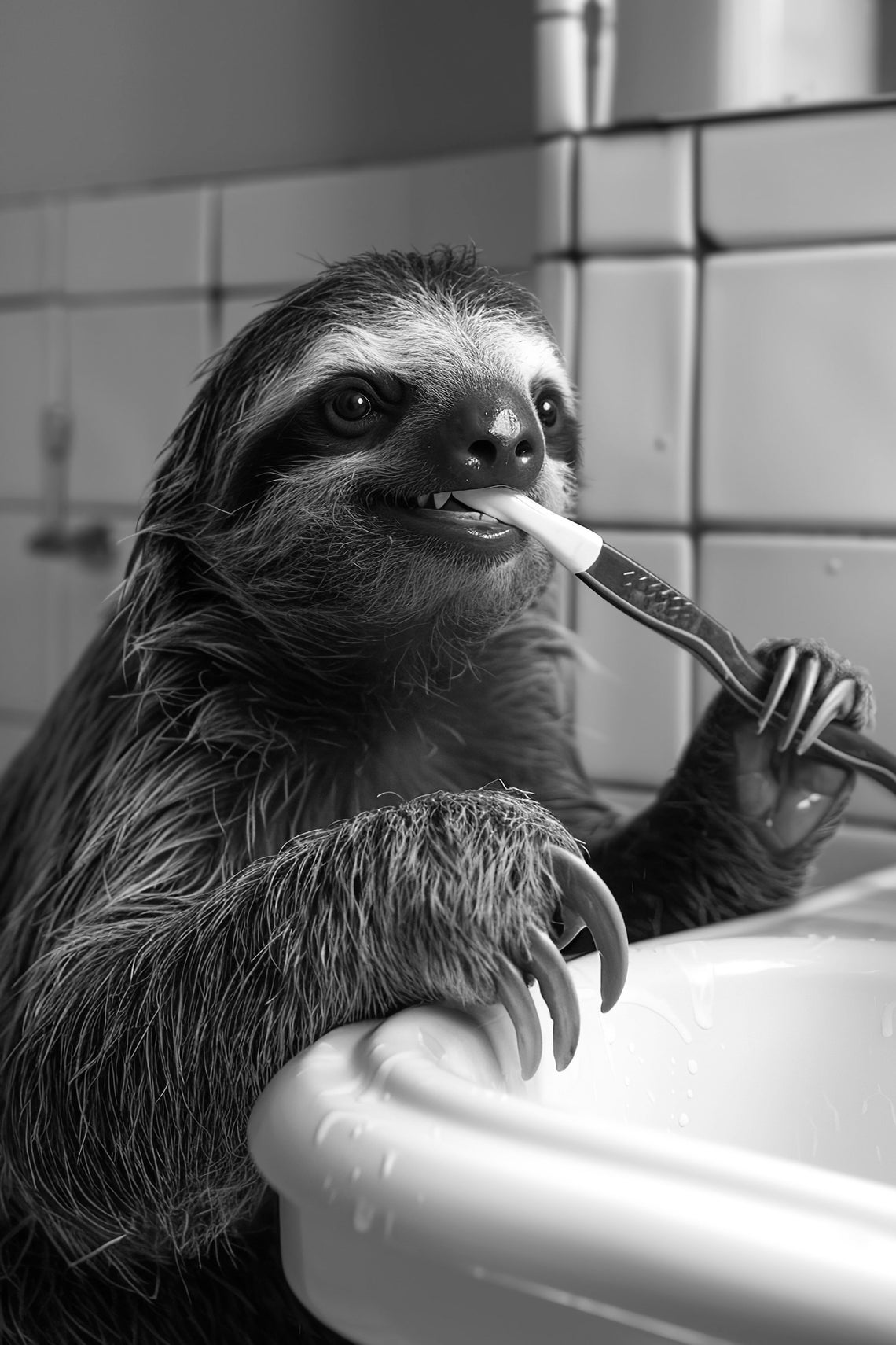 Sloth Brushing Teeth Funny Bathroom Black and White Wall Art