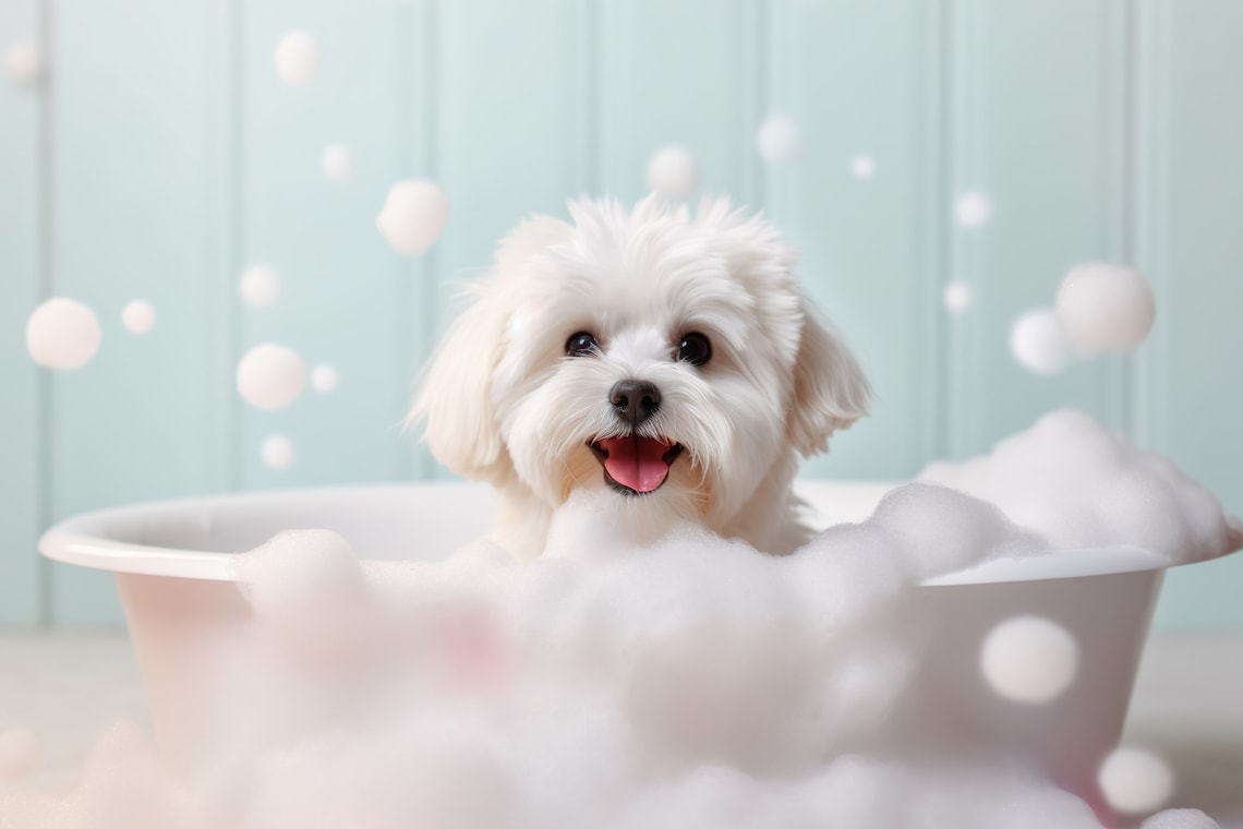 Maltese Dog Pup in the Bathtub, Funny Bathroom Art Print
