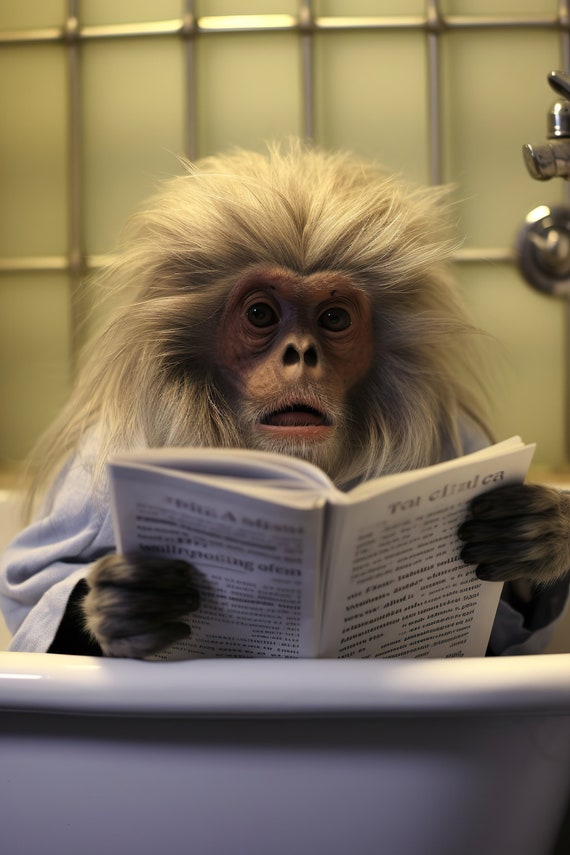 Tamarin Monkey Sitting On The Toilet Reading A Newspaper Funny Bathroom Wall Art Funny Monkey Print Animal Photo Ai Art