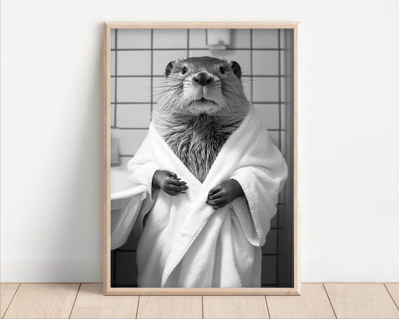Beaver In A Bathrobe Funny Bathroom Wall Art Funny Retro Vintage Style Animal Photo Cute Beaver Wall Art Print Wall Art