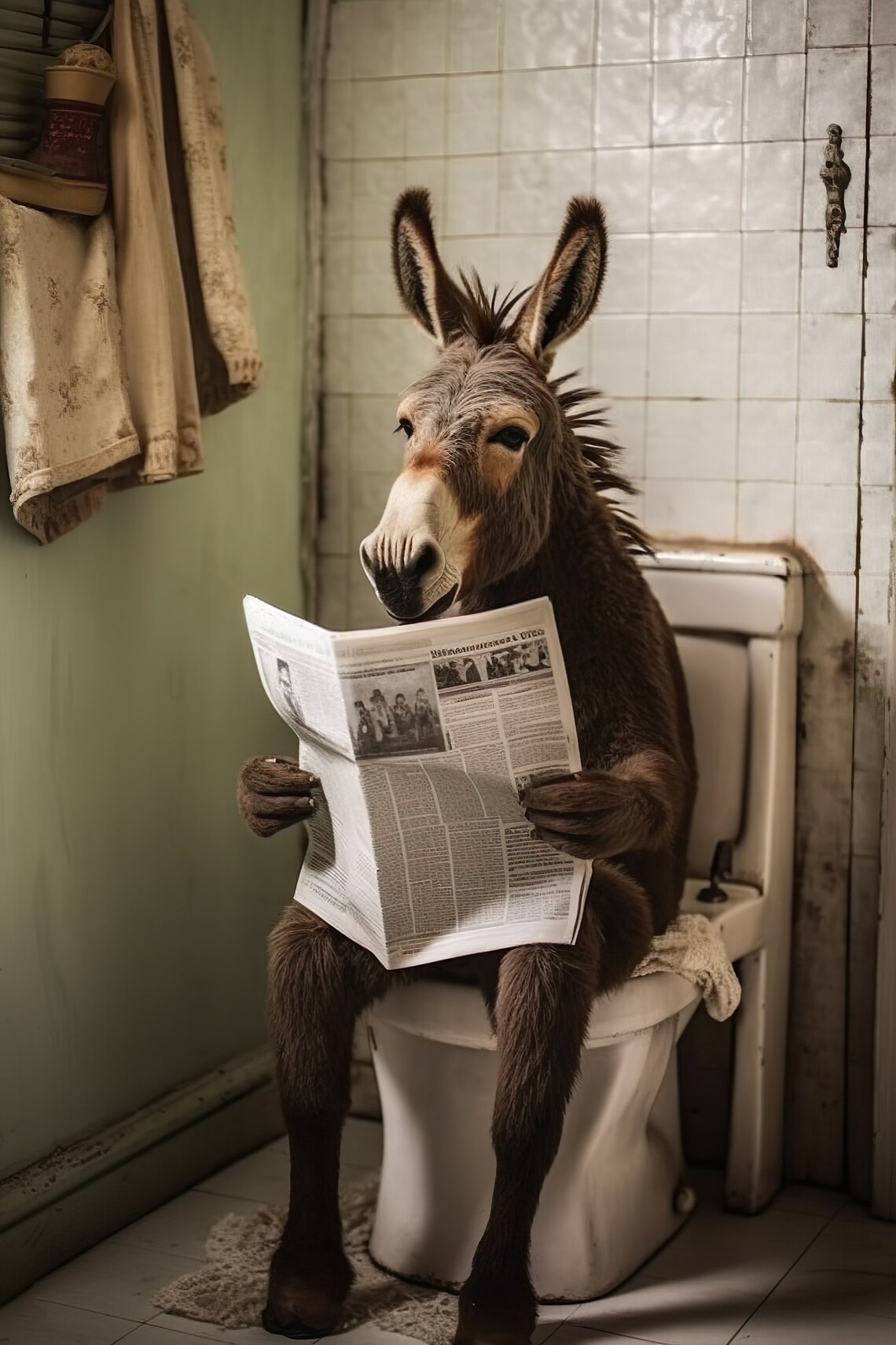 Donkey Sitting on the Toilet Reading Newspaper, Humor Print