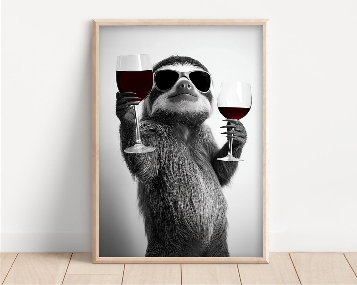 Sloth Drinking Red Wine Funny Kitchen Art Print