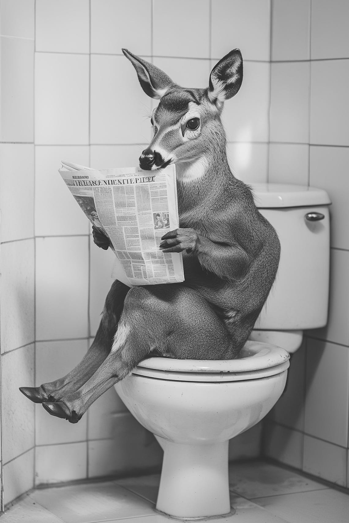 Deer Reading Newspaper on Toilet Funny Black White Decor Poster