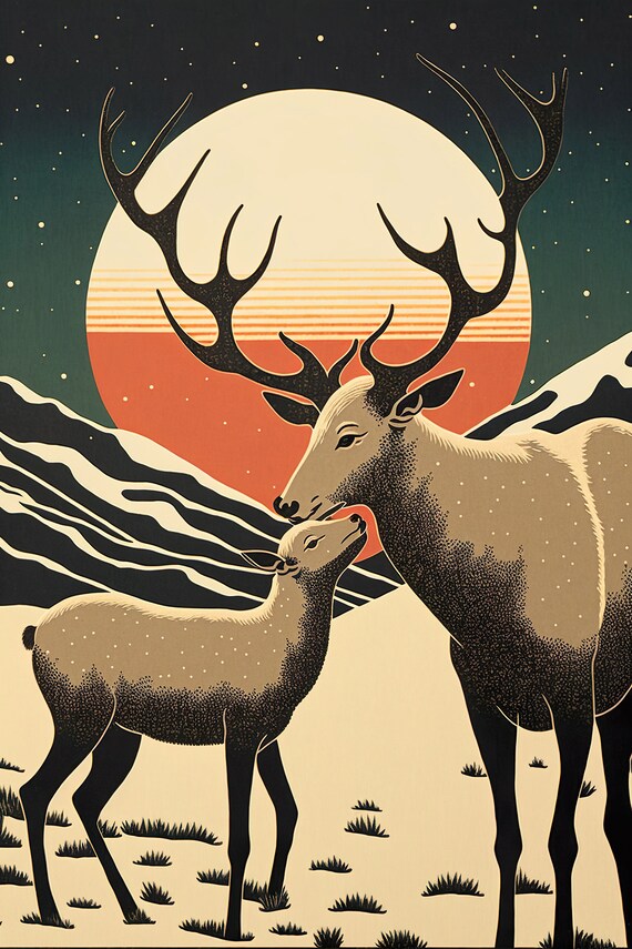 Deer Pair Under Full Moon Starry Night Scandinavian Art Poster