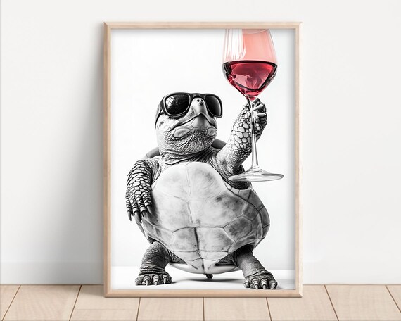 Turtle Drinking Red Wine Funny Kitchen Wall Art Home Bar Decor Funny Animal Print Photo Funny Wine Lover Art Print Ai Art