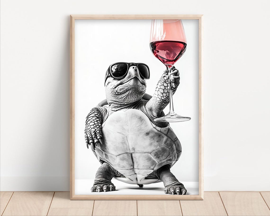Turtle With Sunglasses Holding Red Wine Glass Funny Kitchen Poster