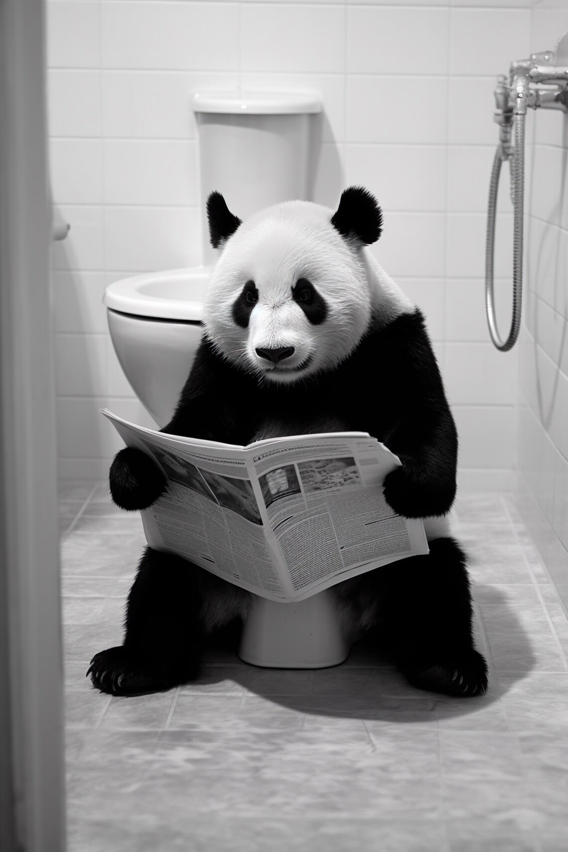 Panda Sitting on the Toilet Reading Newspaper Art Print
