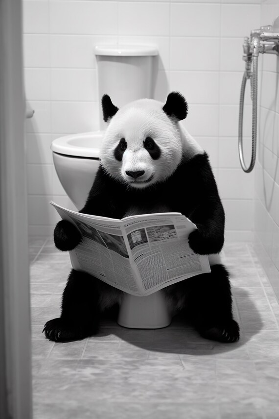 Panda Sitting on the Toilet Reading Newspaper Art Print