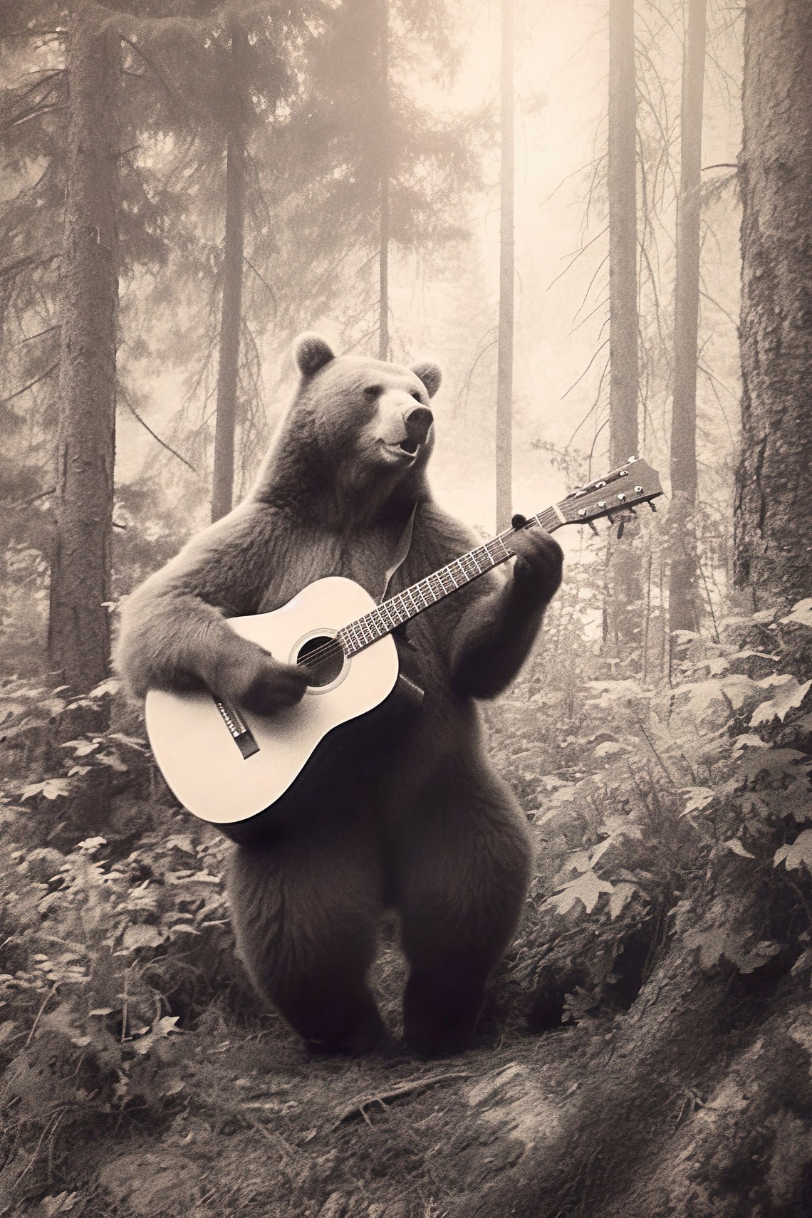 Bear Musician Playing Acoustic Guitar Vintage Sepia Forest Poster