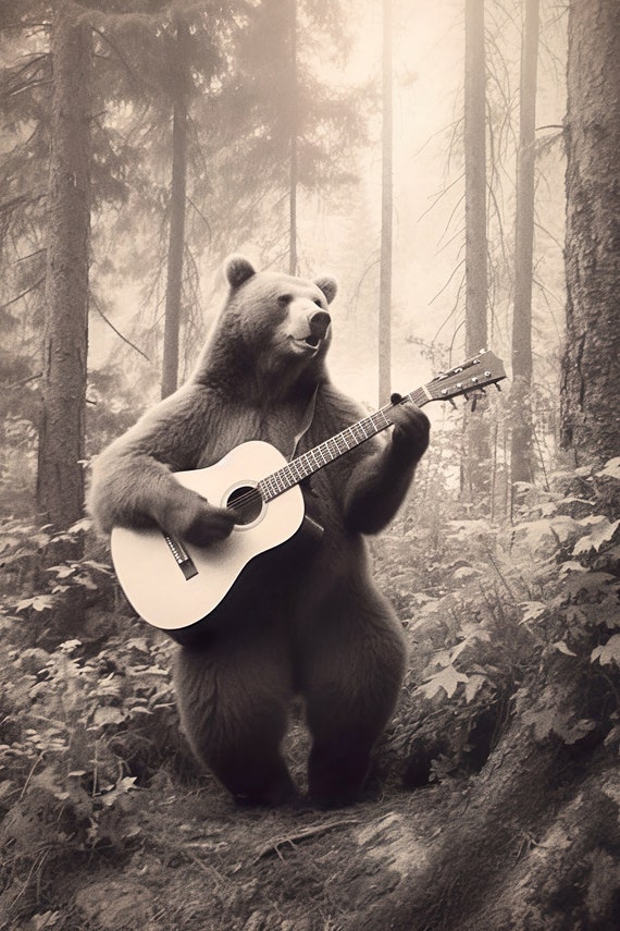 Bear Playing Guitar Funny Vintage Animal Print Bear Photograph Retro Bear Humor Vintage Wall Art Home Decor Ai Art